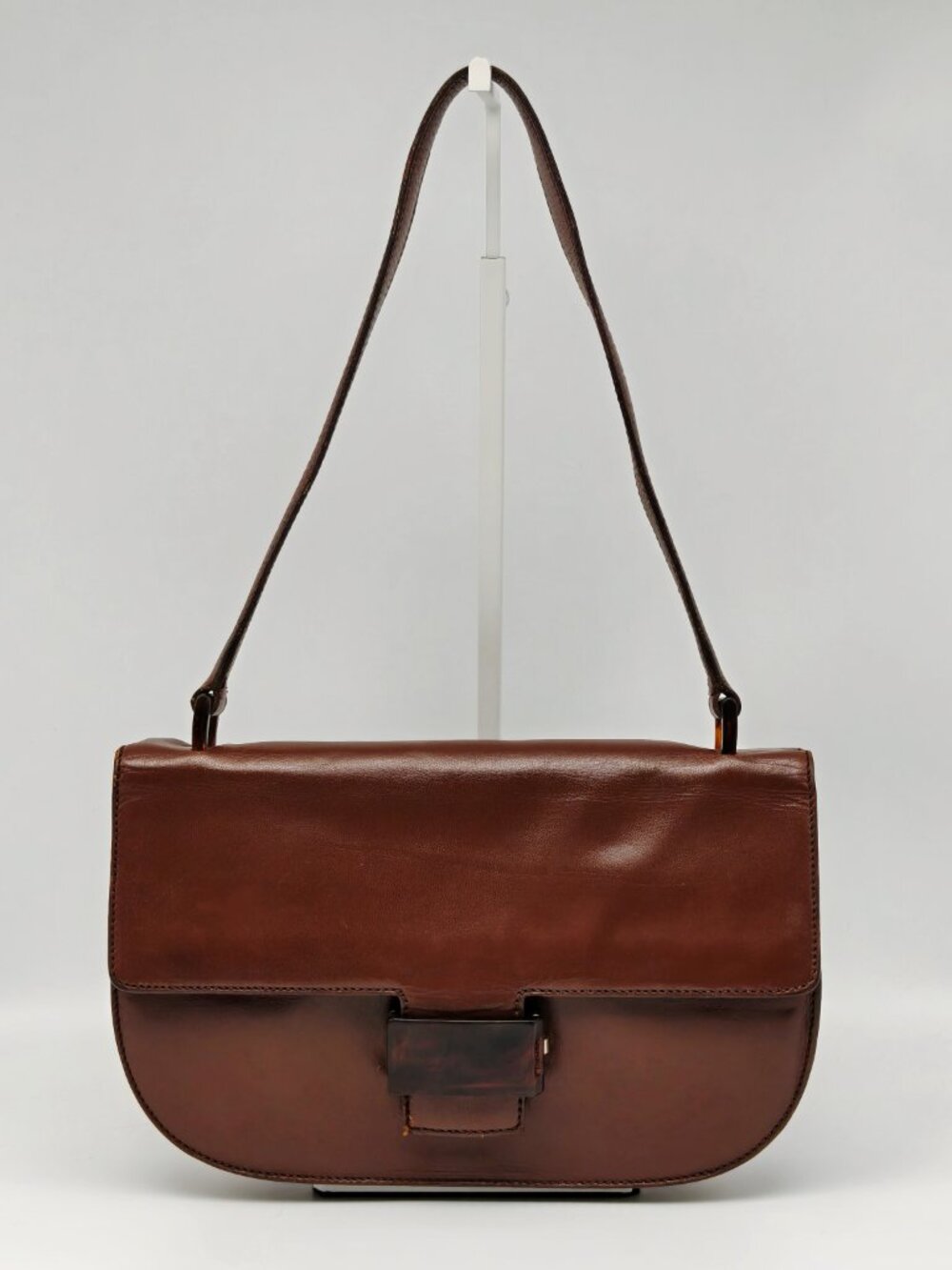 Vintage Prada Brown Leather Shoulder Bag Flap Clasp Logo Purse - Picture 2 of 14